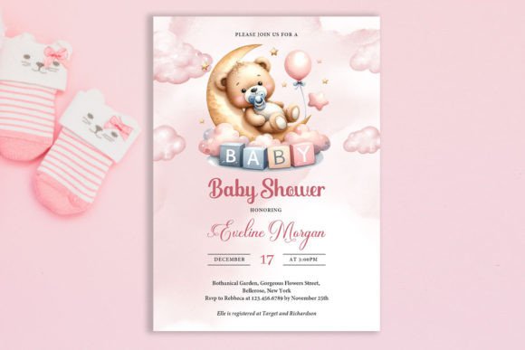 Download Teddy Bear over the Moon Baby Invite PSD - Baby Collection