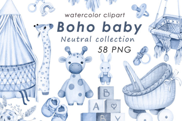 Download Baby Boy Boho Blue Watercolor Clipart - Baby Collection