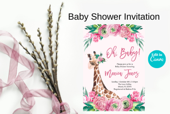 Download Pink Giraffe Floral Baby Shower, Canva - Baby Collection