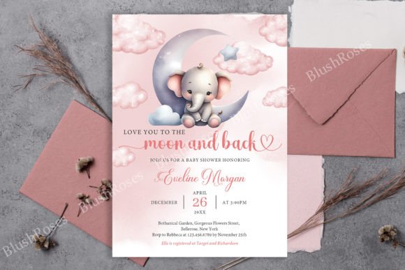 Download Baby Elephant over the Moon Baby Invite - Baby Collection
